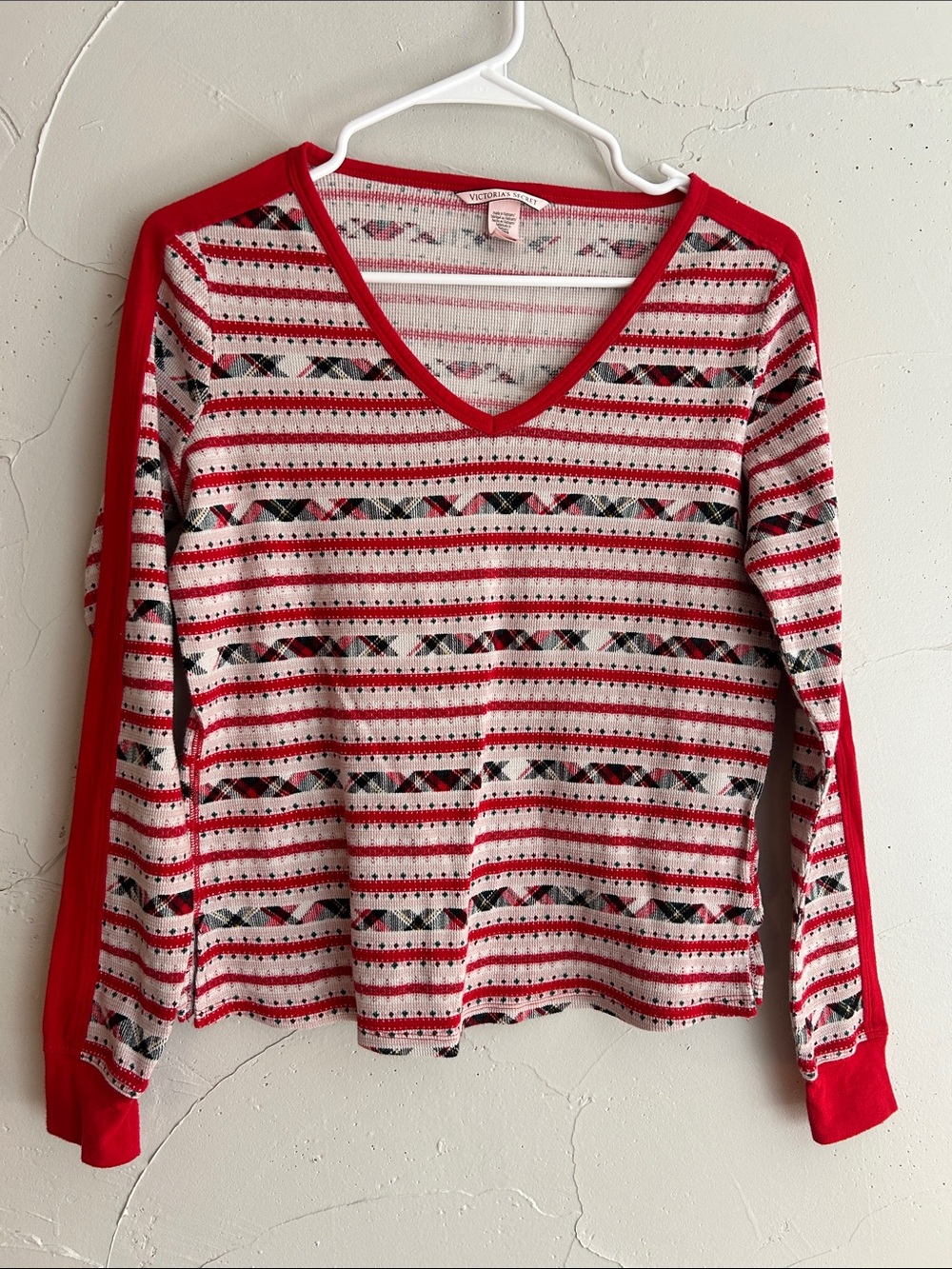 Victoria's Secret Red, White & Black Striped V-Neck Stretchy Pajama Top